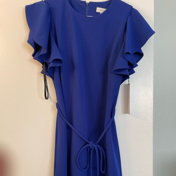 calvin klein royal blue ruffle dress | Dresses | Calvin Klein Midi Cocktail Nwt Model is wearing size PinCouture GL3719 3D Flower Applique Size:US 6.5 / EU 37.5